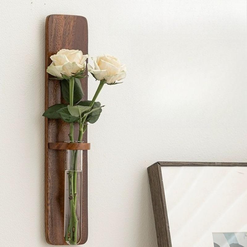 No Drill Wall Mounted Flower Vase Walnut Wood Glass Hydroponic Planter Chinese Retro Style Home Art Decor Floral Arrangement
