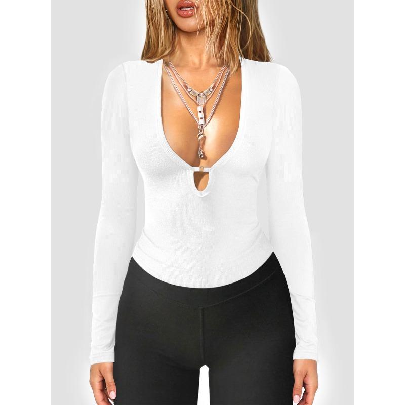 Women Navy Blue Ribbed Knit U Neck Ring Detail Long Sleeve Fitted Top S белый