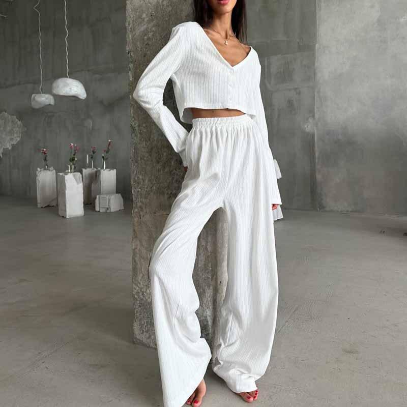 Causal Solid V Neck T-shirt Pants Suit Long Sleeve Crop Top Elastic Waist Wide Leg Pant Sets Spring Homewear Outfit