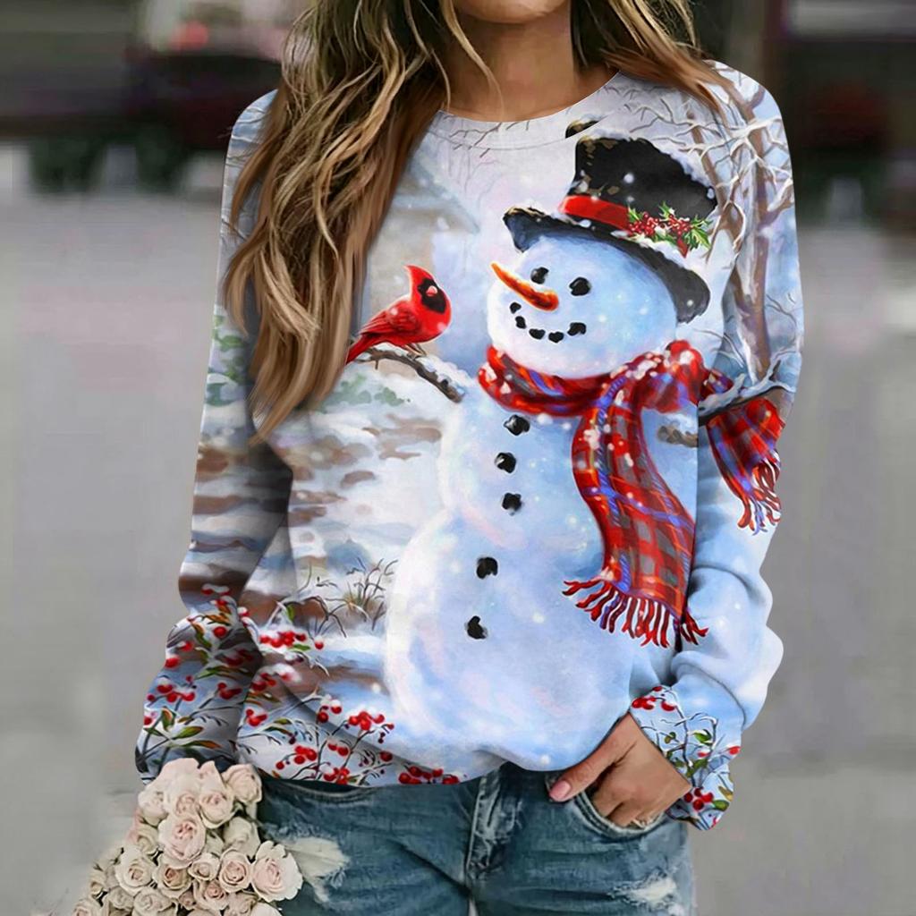 Women's Casual Christmas Print Neck Raglan Long Sleeve Pullover Sweatshirt