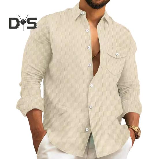 Fall Spring Men Shirt Button Turn-down Collar Long Sleeves Loose Plaid Applique with Chest Pocket Daily Wear Business Bottoming Top