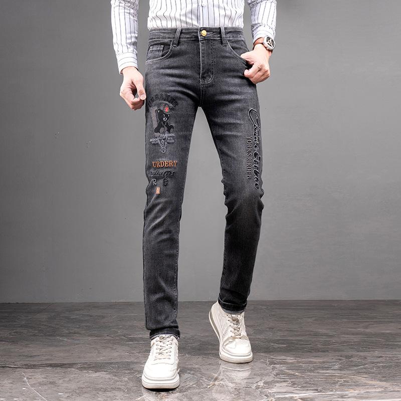 European And American Embroidered Trendy Brand Jeans Men'S Straight Tube Slim Fit Elastic Fashion High Quality Casual Cowboy Pants