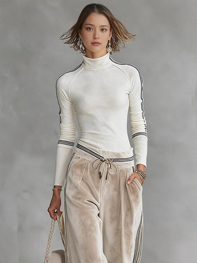 Women's Autumn Winter Fashion Casual Sports Set Korean Velvet Long Sleeve Solid Color High Neck Zipper Wide Leg Pants