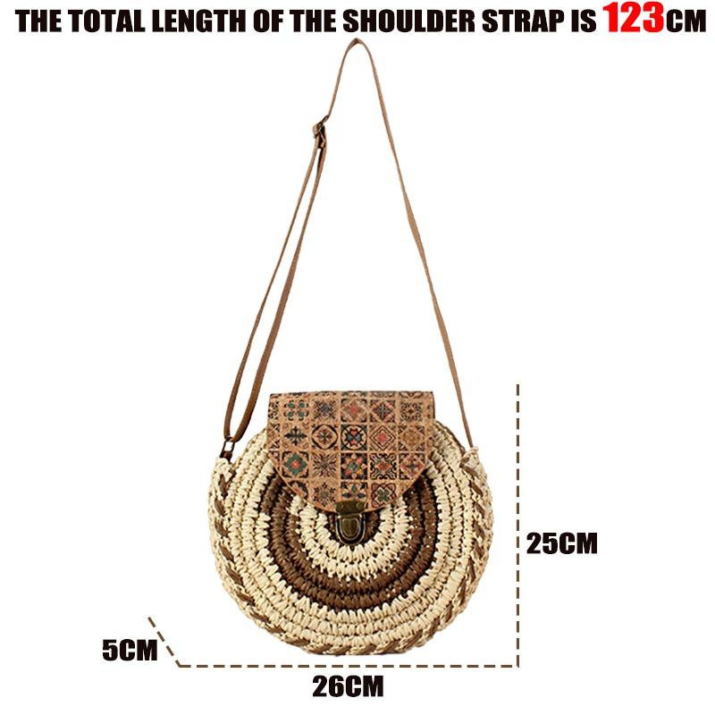 Bolsa feminina boho tecido verão praia sacola de palha redonda bolsa de ombro de vime