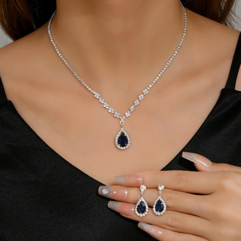 Silver Pink Teardrop Zircon Jewelry Set Necklace Drop Earrings For Women Wedding Gift