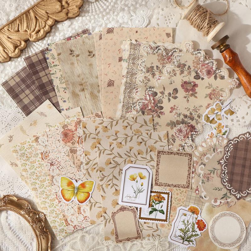 100 - Sheet Vintage Floral Pattern material & Sticker Set, Retro Flower Designs for Hand Account & DIY Crafts
