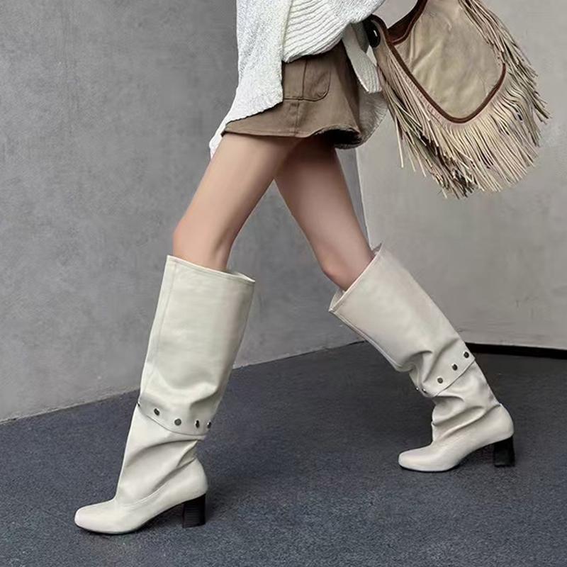New Style Button Combination Splicing Women Knee High Boots Fashion Round Toe Pleated Leather Long Shoes Low Square Heels