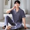 Summer Men's Short Sleeve Pajamas Set & Long Pants Male Loungewear Plus Size Cardigan Cotton Middle-aged Dad Pijamas Hombre