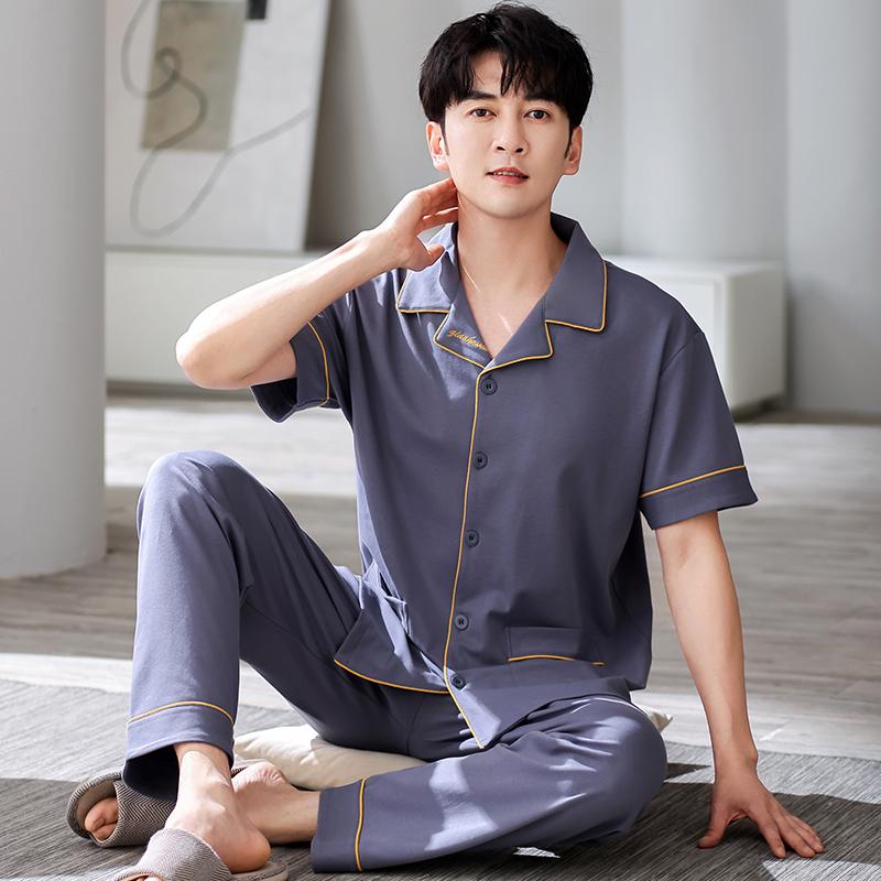 Summer Men's Short Sleeve Pajamas Set & Long Pants Male Loungewear Plus Size Cardigan Cotton Middle-aged Dad Pijamas Hombre