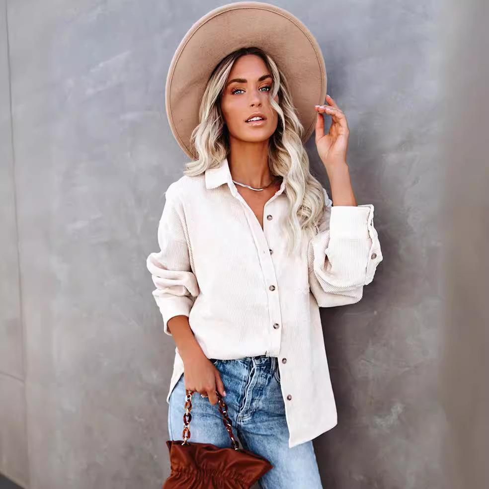 Damen Freizeit Cordbluse Streifen Damen Hemd Jacke Vintage Knopf Tasche Locker Mode Blusen Tops Übergröße