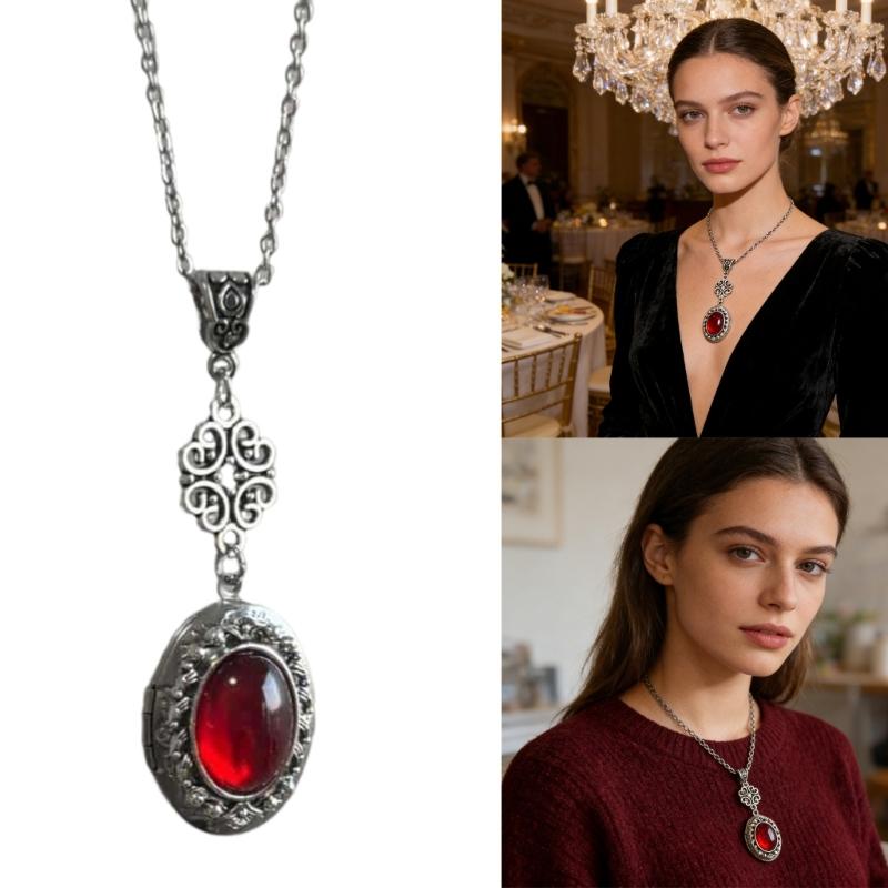 Fantasy Themed Oval Pendant Necklace Gothic Victorian Neckchain Stylish Jewelry With Vintage Gemstones