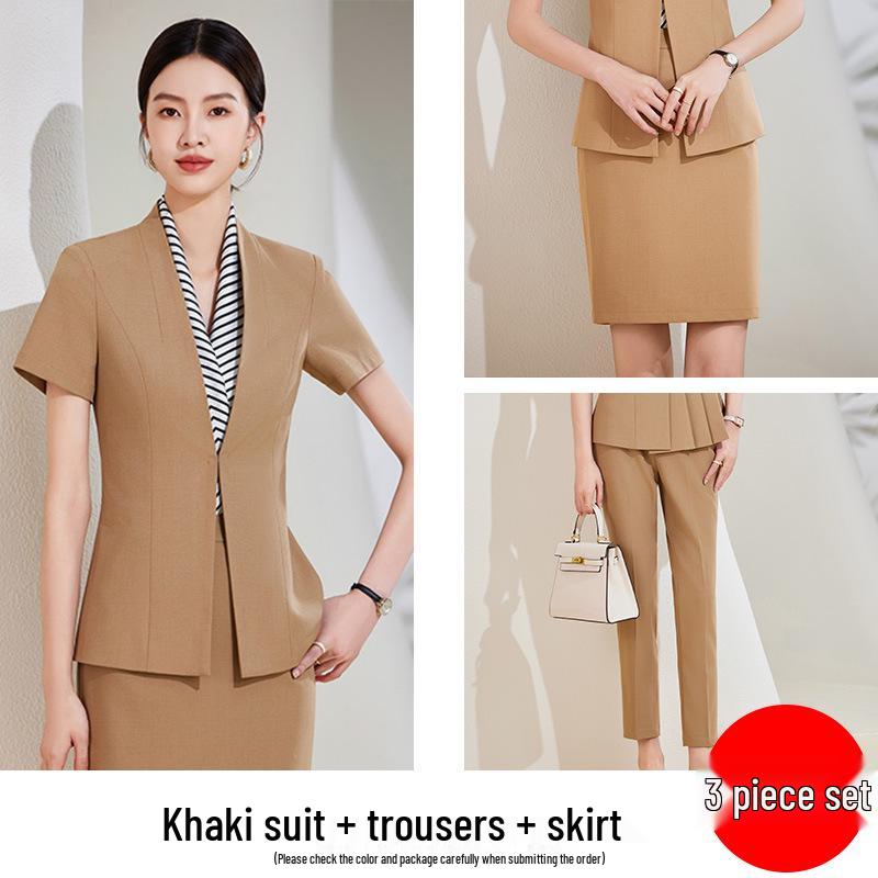 Chic Black Short-Sleeved Collarless Suit Set: Professional Workwear for Sophisticated Women