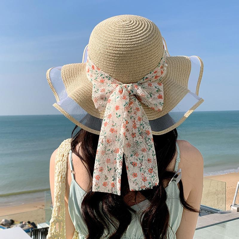 Hat Female Sweet Pearl Lace Ribbon Straw Hat Summer Seaside Big Brim Sun Hat Vacation Sun Hat