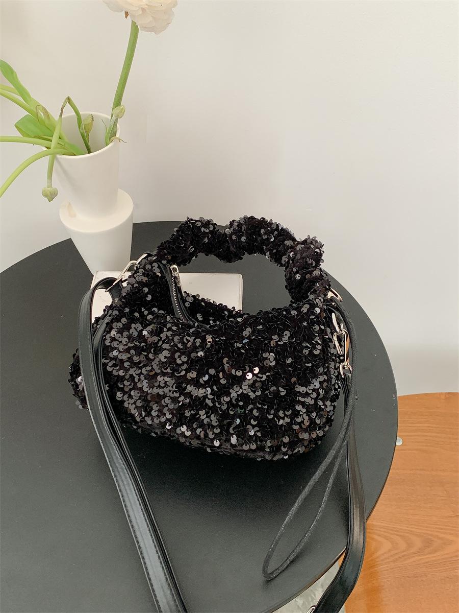 Spring & Summer Sequined Pleated Shoulder Tote - Trendy Korean Style High-End Crossbody Bag for Women чёрный