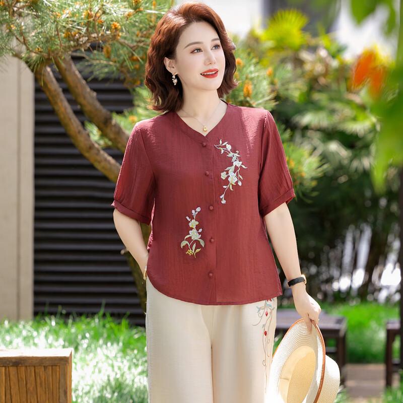 Middle-Aged Women's Summer Short Sleeve Linen Blend Set