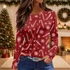 Women's Christmas Print Long Sleeve Top with Round Neck and Side Slit