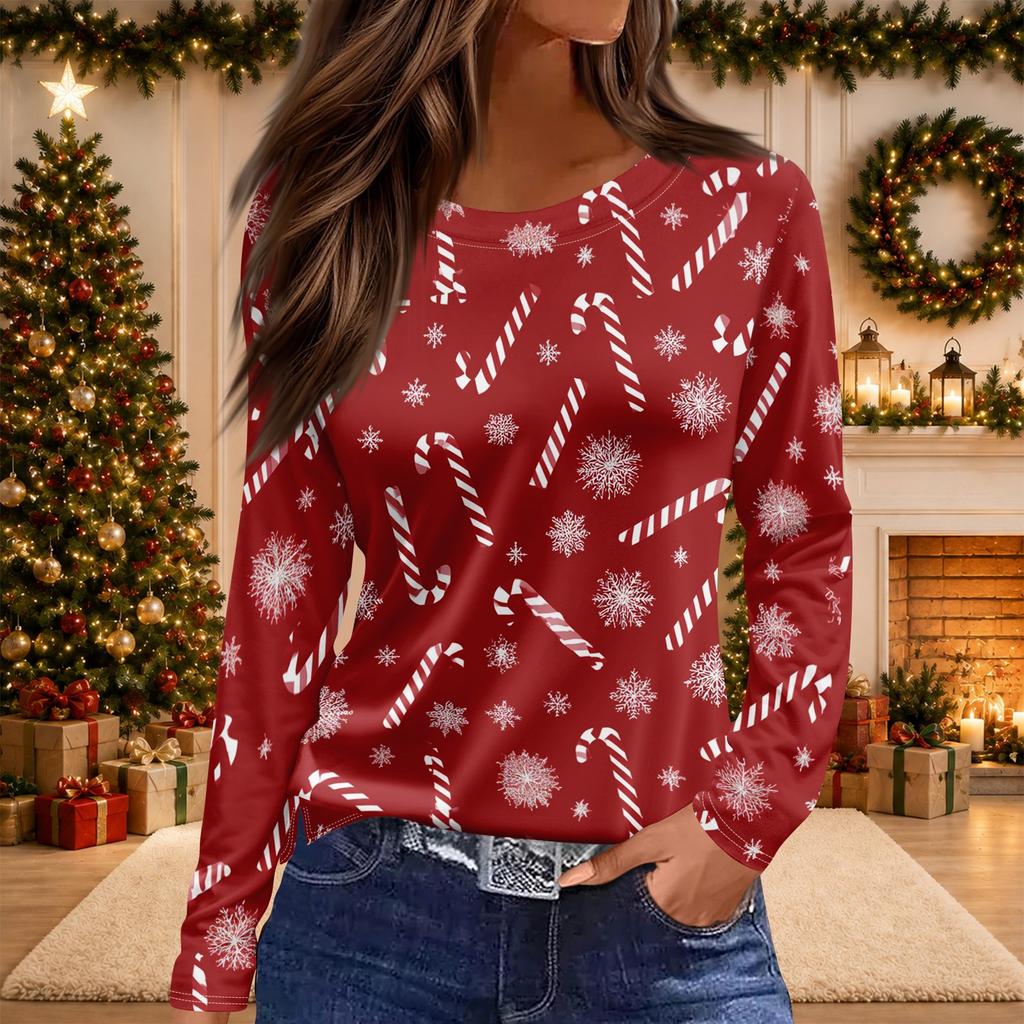 Women's Christmas Print Long Sleeve Top with Round Neck and Side Slit