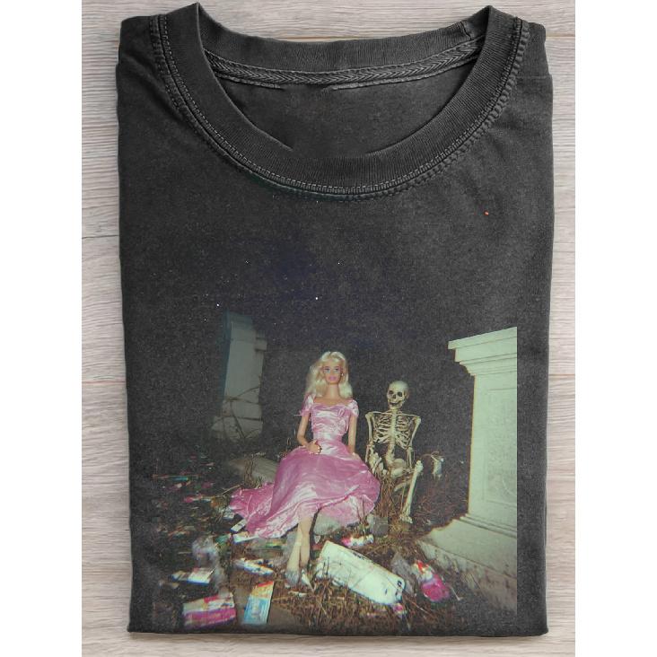 Gothic Aesthetic T-Shirt - Dark Humor & Gothic Print Washed Cotton Tee, 230g Heavy Short Sleeve Round Neck Streetwear Top Suitable for Casual Wear,