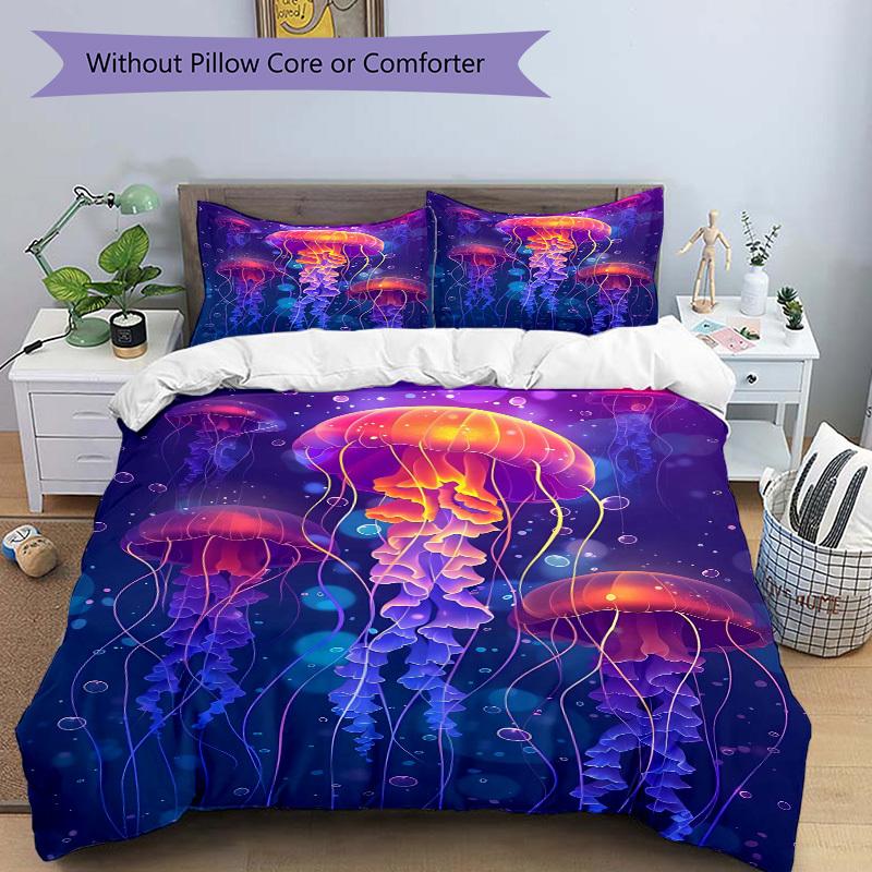 3pcs Colorful Jellyfish Bedding Set - Includes One Quilt Cover and Two Pillowcases (No Core) - Anime Cartoon Design for Bedroom Decor - Poly