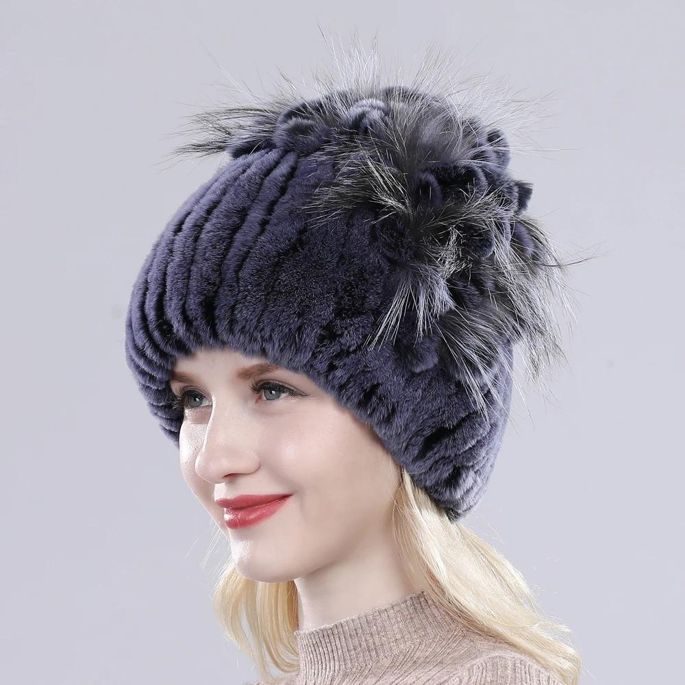 Brand Women Genuine Rex Rabbit Fur Hats Winter Rex Rabbit Fur Beanies Striped Top Flower Fox Fur Warm Real Fur Knit Caps