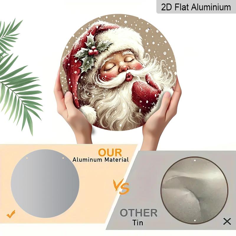 2D Flat, Whimsical Santa Round Aluminum Decor Sign, Country Style Holiday Wall Art, Featuring Cute Santa & Snowflake Patterns, Pre-Drilled for Easy