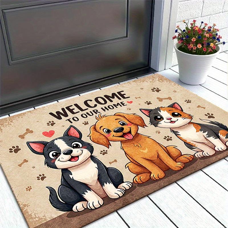 1pc Non-Slip Machine Washable Welcome Mat | Cute Cartoon Dog and Cat Design with Paw Prints and Hearts, Durable Polyester Indoor/Outdoor Entrance Mat