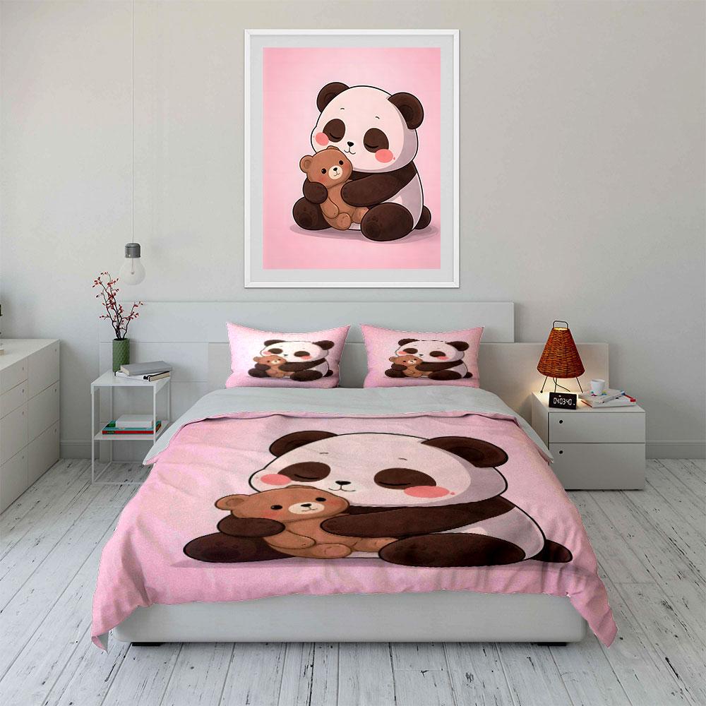 Panda Hugging Teddy Bear Bedding Set For Kids Luxury Gift 3Pcs Digital Print Comforter Set Soft Comfortable Breathable