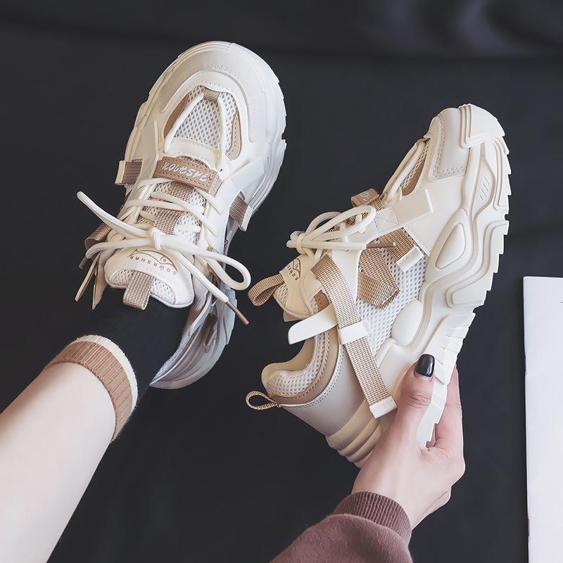 Nové jarní a podzimní ležérní tenisky s tlustou podrážkou zvyšující výšku, prodyšné "dad shoes" pro ženy, super populární lodičky, trendy