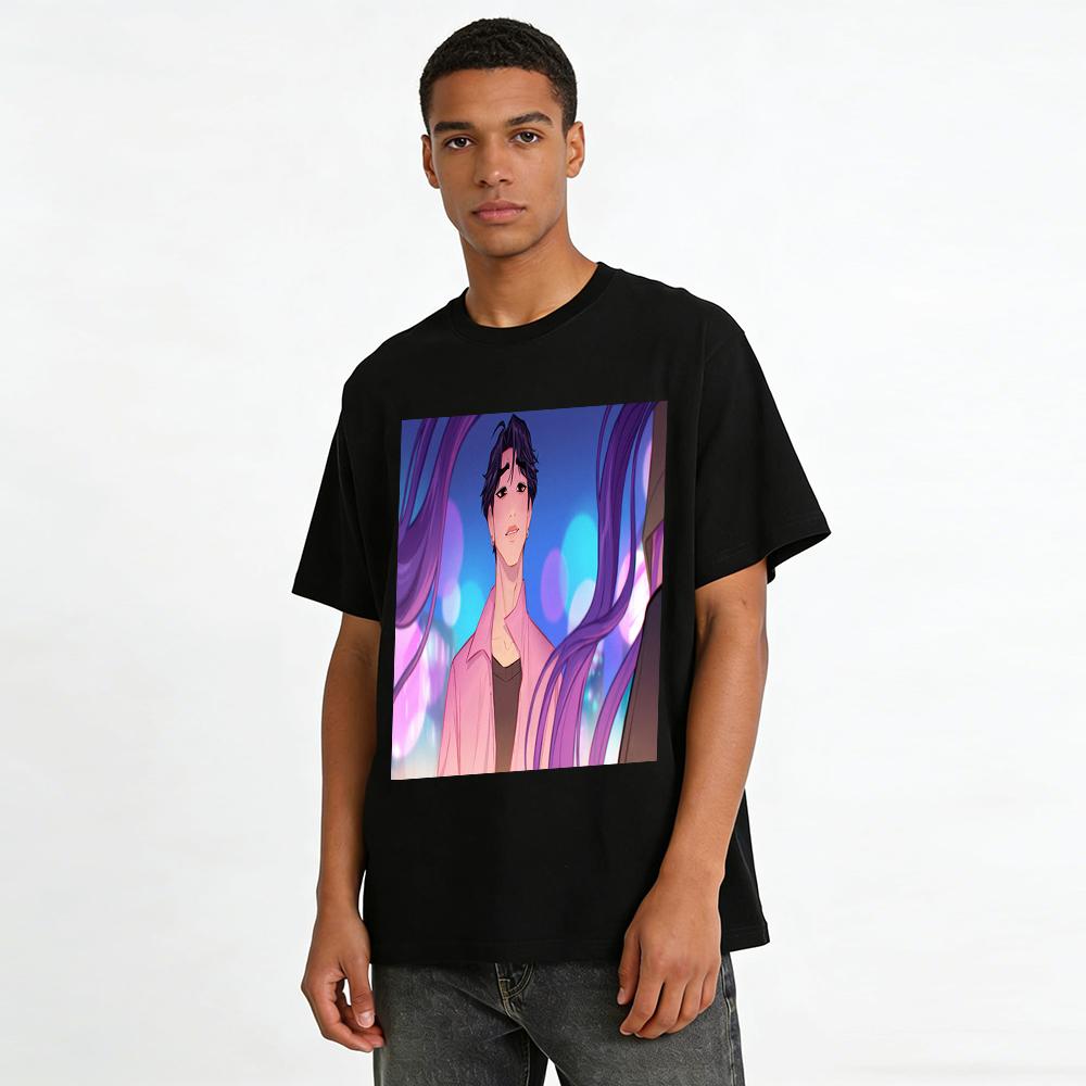 Korean Style Atmosphere Pink Shirt Handsome Guy Print T-shirt Street Trendy Anime Style Loose Casual Top For Men And Women Pure Cotton T-shirt