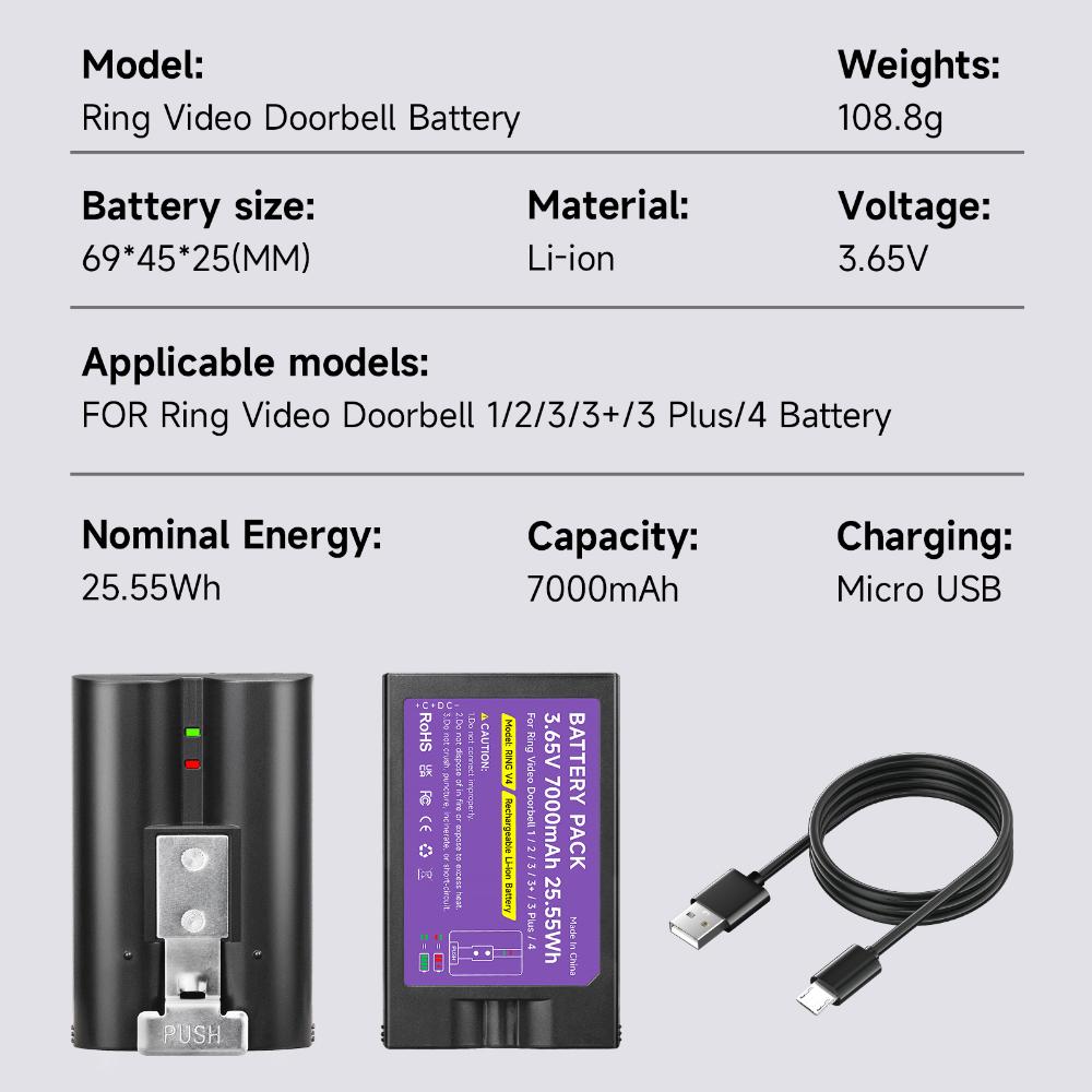 7000mAh High Capacity For Ring Video Doorbell V4 Battery 3.65V Li-ion Battery Compatible with Ring Video Doorbell 1/2/3/3 Plus