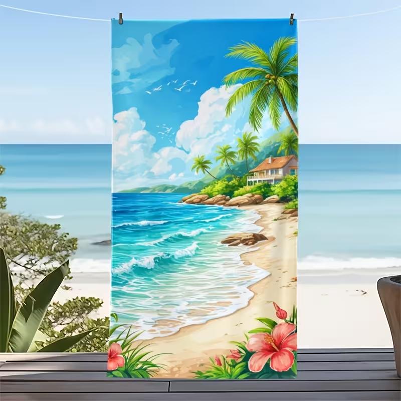 Retro Illustration Style Surfboard Palm Tree Print Beach Towel Summer Coastal Town Pattern Quick Dry Sand-Free Soft Towel
