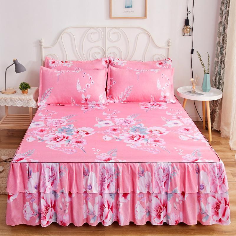 Ensemble 3 pièces Double Couche Coton Style Pastoral Housse de Lit Volants Housse de Lit Imprimé Végétal Jupe de Lit Couvre-lit Simple Double