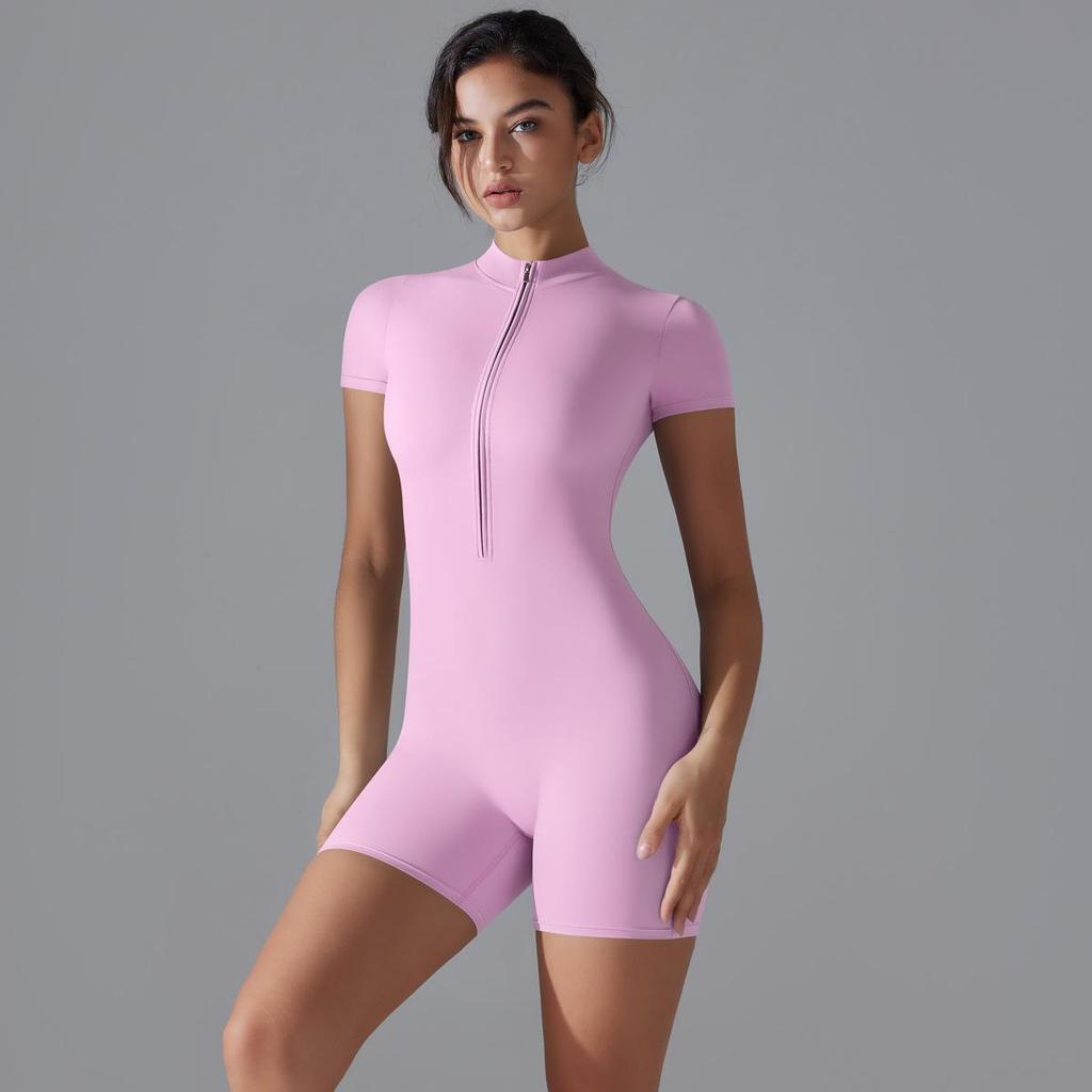 Nude Feel Stand-Up Collar One-Piece Yoga Bodysuit with Half-Zip & Short Sleeves