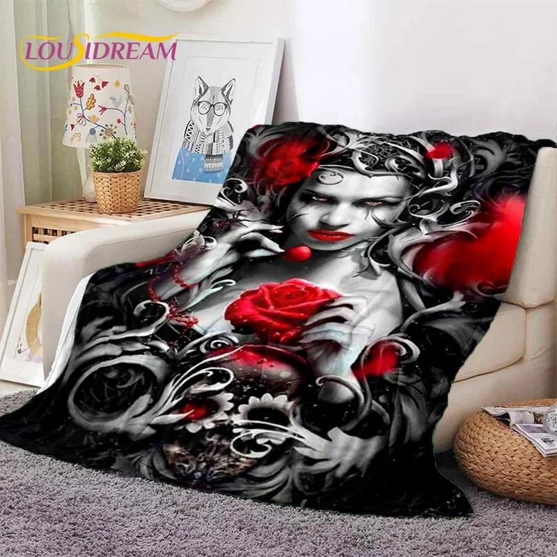 Totenkopf Totes Mädchen 3D Gothic Horror Weiblich Rose Weiche Flanelldecke für Betten Schlafzimmer Sofa Picknick, Überwurfdecke zum Zudecken Freizeit