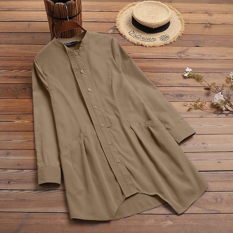 

ZANZEA Женщины O-образный вырез Блузка с длинным рукавом Топы Весна Лето Свободные Причинно-следственные длинные рубашки