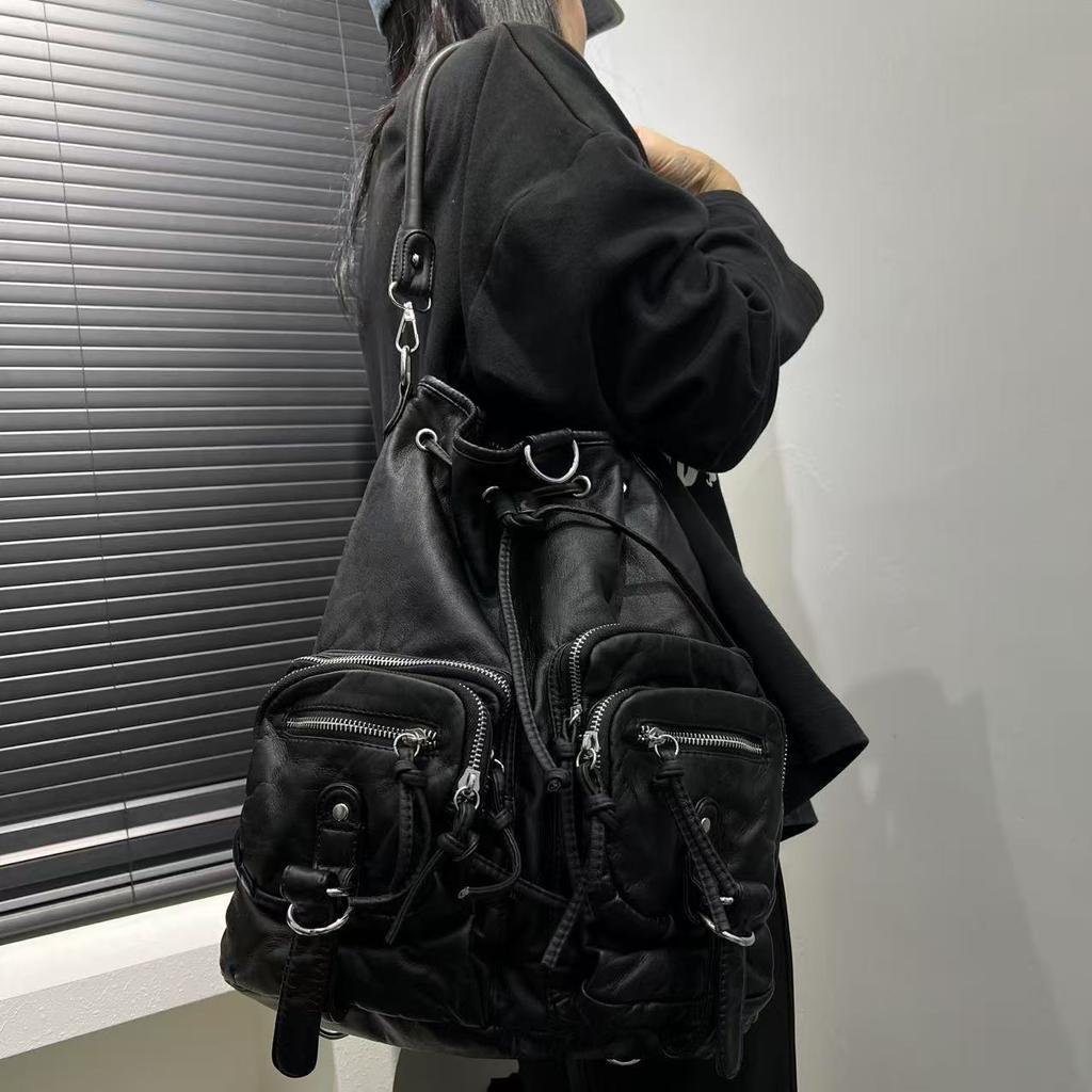 Fashionable and Personalized Spicy Girl Multi Pocket Backpack with Large Capacity and Multifunctional Distressed Single Shoulder Diagonal Cross Bag