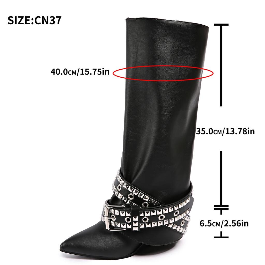 Fashion Rivets Belt Decor Black Long Boots for Women Punk Style Pointed Toe Knee High Boots Woman Fashion Wedges Pu Leather Botas 35-42
