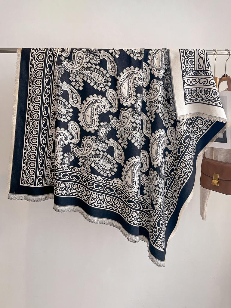 Luxury Women'S Winter Faux Cashmere Scarf Paisley-Inspired Print Tasseled Multi-Way Pashmina Shawl Stylish Accessory