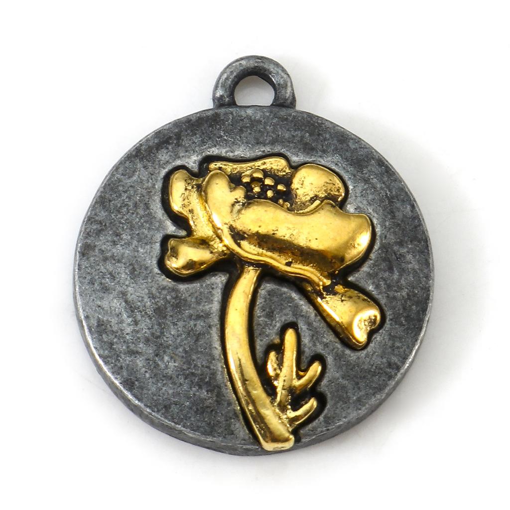 10pcs Vintage Birth Month Flower Charms Antique Gold Color Round Flower Pendants DIY Necklace Women Party Jewelry 20mm x 17.5mm