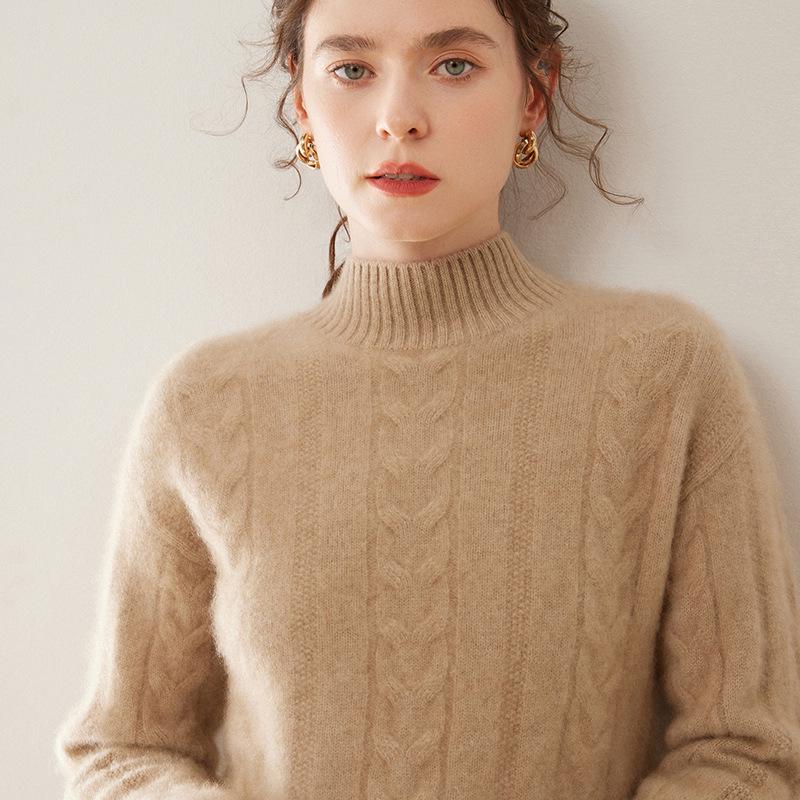 

Женский кашемировый свитер жаккардовой вязки свободного кроя - Осень/Зима с полувысоким воротником XL