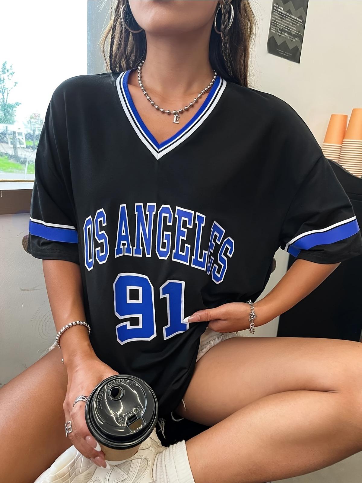 

Лос-Анджелес 91 Письмо Женская Большая Футболка с Принтом V-образный вырез Свободная Носка Спортивная Майка Весенне-Летняя Футболка Топ M