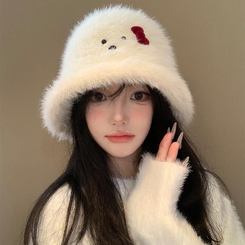 White Stylish Plush Fisherman Hat With Bow For Women Perfect For Winter Fall