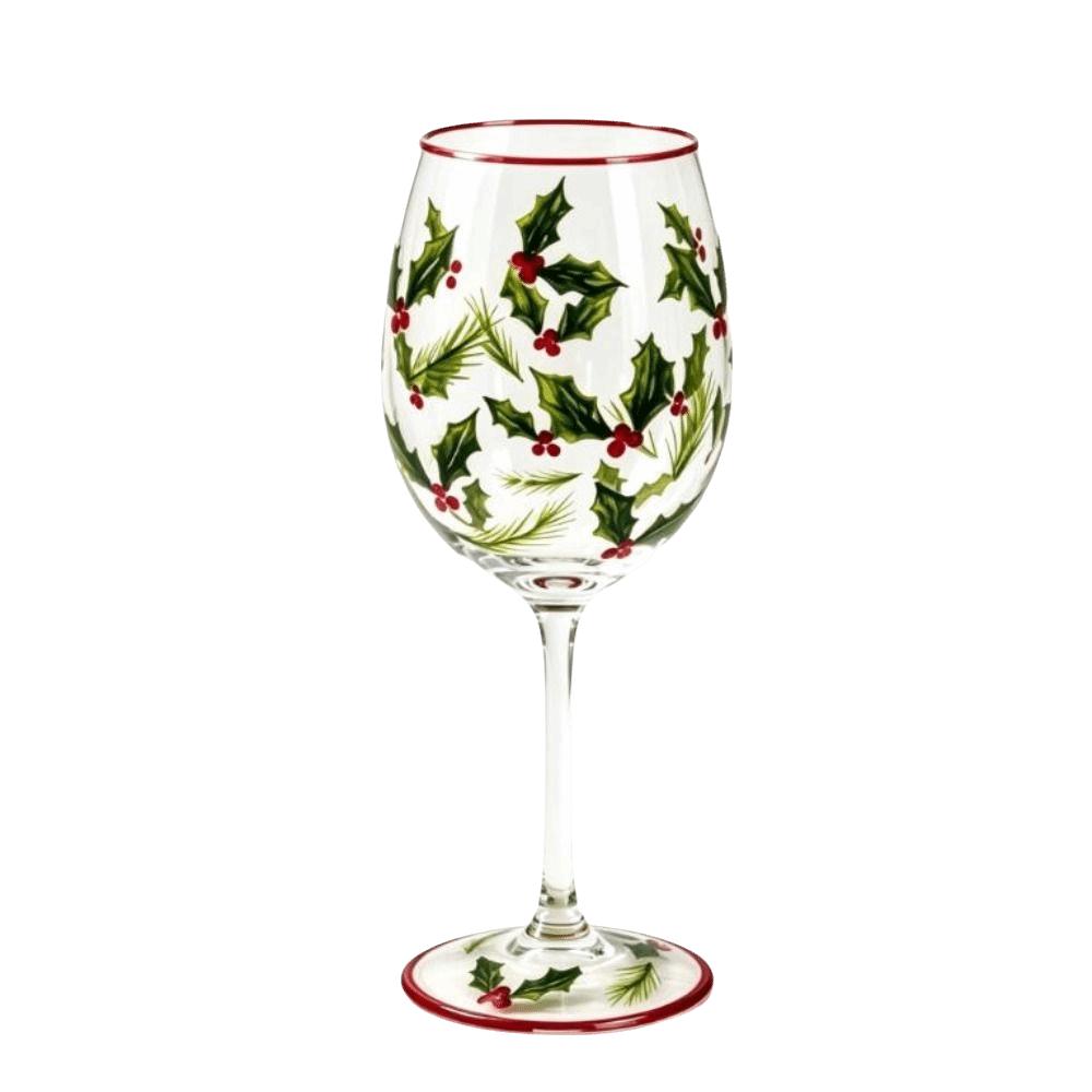 Poinsettia Christmas Wine Glass 2D Hand Painted Red Wine Cup Clear Stemmed Cup Christmas