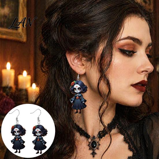 Cartoon Witch Earrings Halloween Earrings, Gothic Drop Lightweight Acrylic Pendant Day of The Dead for Women Girls Accessories Eye-catching