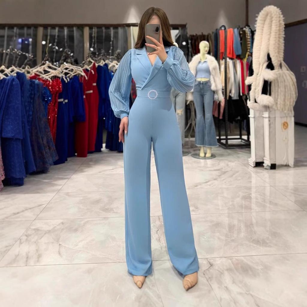 European & American Style Chiffon Spliced Long Sleeve Women's Office Jumpsuit