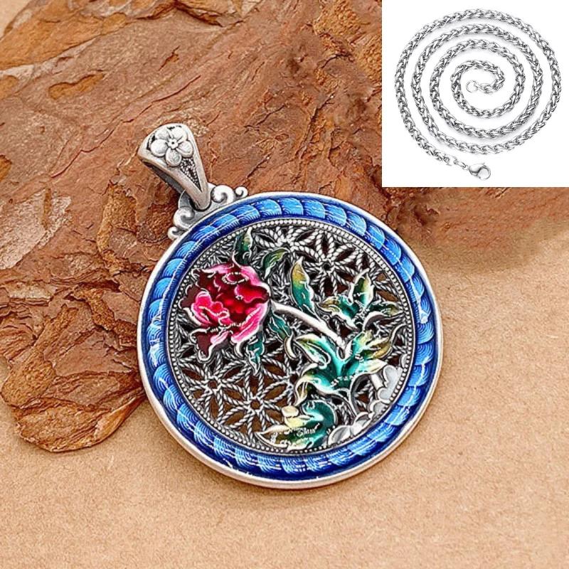 Archaic Rhyme Chinese Style Peony Flower Necklace   Colored Enamel Circular Pendant Ethnic Style Pendant Jewelry