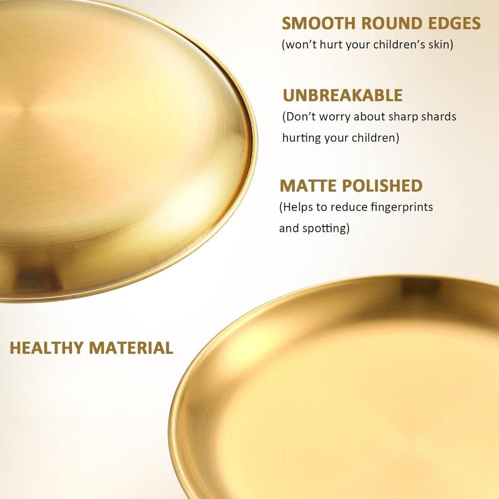 8-Pack Gold 20CM Stainless Steel Plates - Reusable, Camping & Daily Use Plates, Double Layer, Dessert Plates, Adult Plates