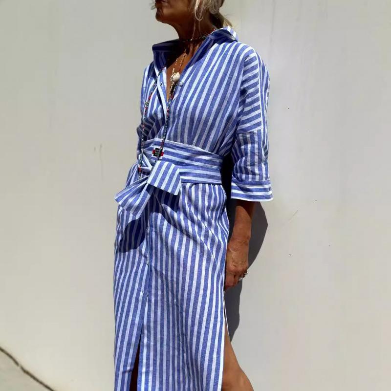 Women s new five-quarter-sleeved striped cardigan lapel shirt dress medium and long S синий