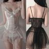 Women Sexy Lace Transparent Nightdress Suit Erotic Dress With G-string