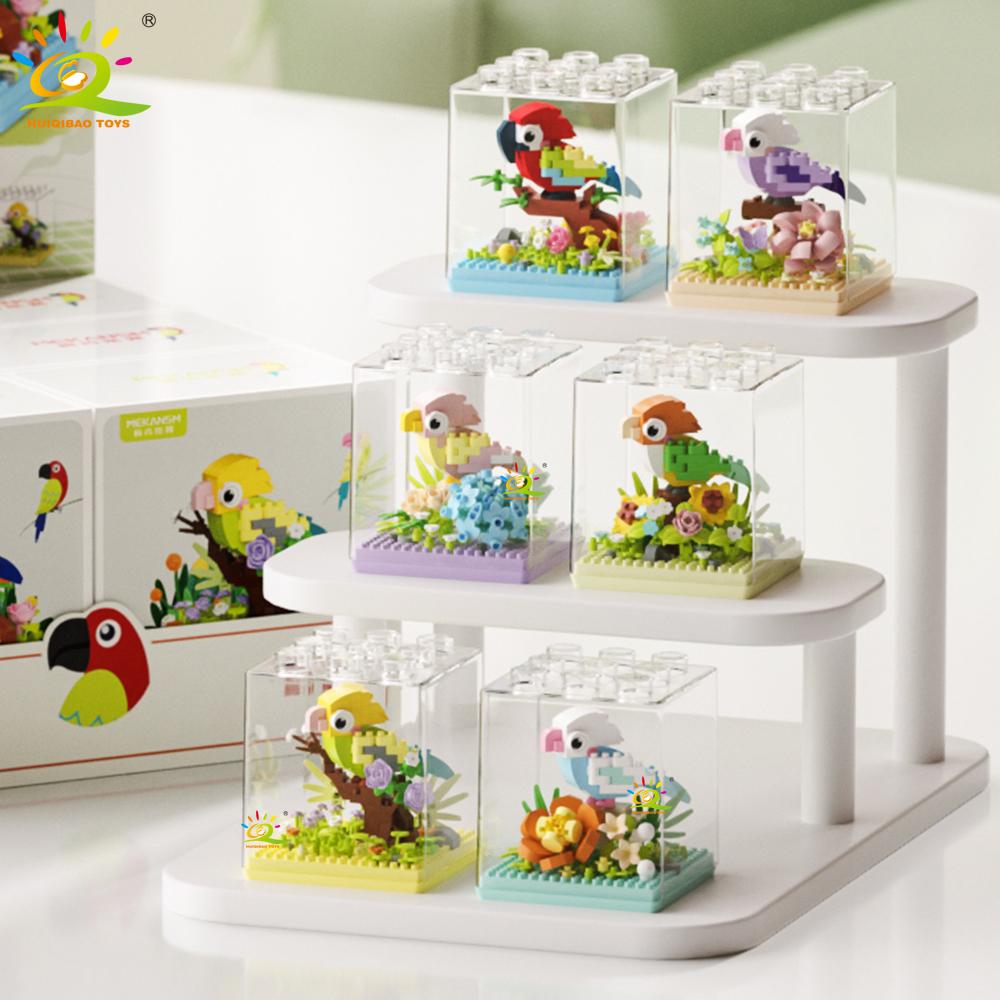 Non-Toxic Moc Parrot Bird Flower With Display Box Micro Building Block Mini Diamond Model Brick Toy For Children Desk Decor.